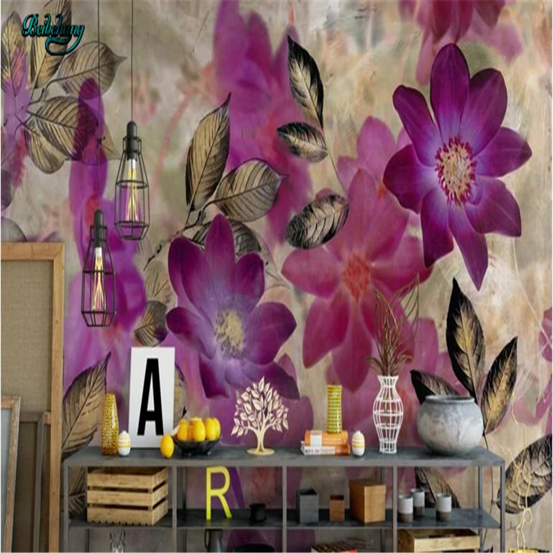 

beibehang Custom Non-woven Wallpaper Mural European Retro Nostalgic Hand-painted Purple Flower Oil Painting Background Wall