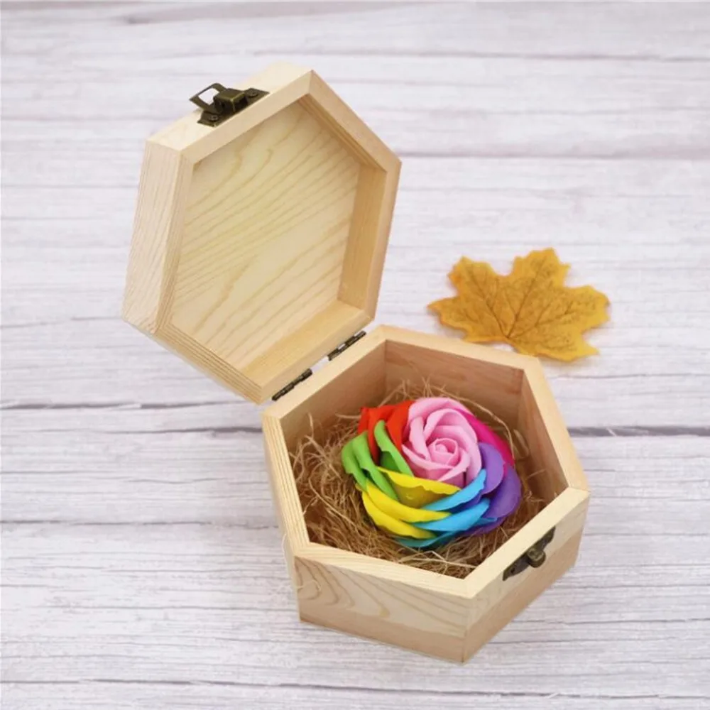 

Soft Surface Handmade Wood Carving Box Lovely Soap Flowers Rose Gift Hexagon Box for Birthday Girlfriend's Teacher's Gifts
