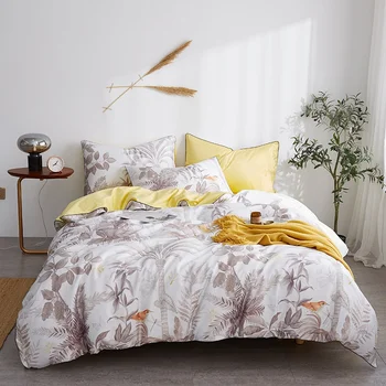 

White gray Egyptian cotton bedclothes girls Satin bedding set floral plant print queen size home texitle pastoral bed linen