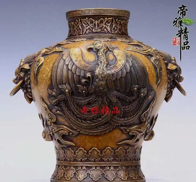 

China Palace Bronze Copper Gild Phoenix Bird God Foo Dog Lion Bottle Pot Vase