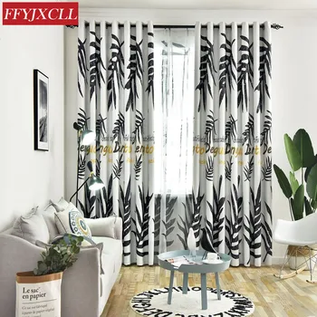 

White Grey Nordic Style Banana Leaf Printing Blackout Curtains for Living Room Bedroom Window Tulle Curtain Fabric Drapes