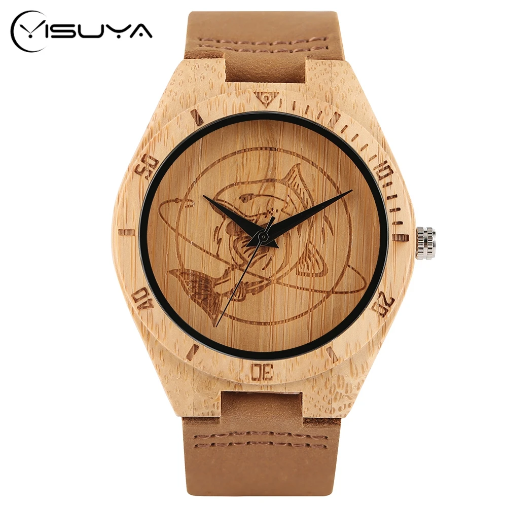 

Bamboo Wooden Wrist Watch Men Shark Pattern Dial Handmade Wood Creative Watched Women Trendy Timber Watch Christmas Gift