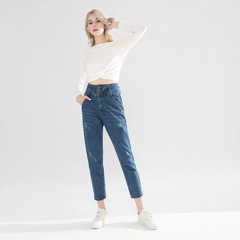 Spring 2019 Button High Waist Fringed Jeans Women