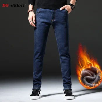 

Big Size Classic Business Jeans Men Autumn Winter Male Casual High Quality Thick Fleece Warm Elastic Denim Pants Slim Fit Jeans