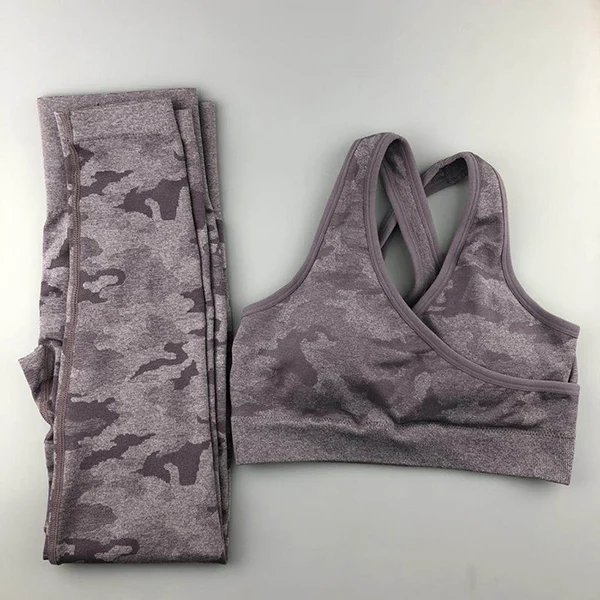 Камуфляжный бесшовный комплект для йоги, женская одежда для фитнеса, Леггинсы для йоги+ ударопрочный спортивный бюстгальтер, 2 шт., спортивные костюмы, женский спортивный костюм - Цвет: Lavender Grey