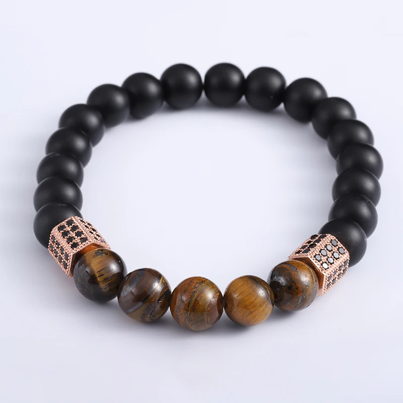 

Singreal Tiger Eye Beaded Bracelets Natural Stone Hexagonal Prism CZ Micro Pave Charms bracelets For Women Men Jewelry