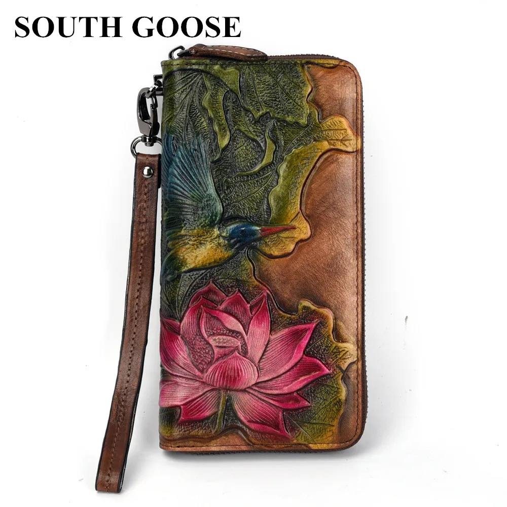 

New Women's Wallets Genuine Leather Vintage Long Clutch Handy Bag Female Printing Floral Card Purse Large Capacity Money Clips