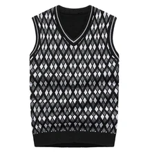 Полушерстяные Мужчины свитер пуловер плед жилетка без рукавов мужской свитер v-образным вырезом Большие размеры Повседневные вязаные свитера жилеты