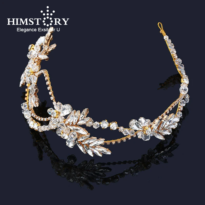 HIMSTORY Золотая свадебная повязка на голову роскошные свадебные аксессуары для волос; свадебные головные уборы Винтаж ручной работы кристалл драгоценные украшения для волос