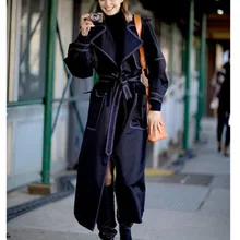 Женская модная элегантная белая линия вышивка синяя ветровка Тренч пальто с зубчатым воротником Длинные Пальто Верхняя одежда Новинка