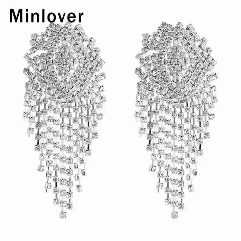

Minlover Bride Wedding Drop Earrings for Women Flower Rhinestone Large Dangle Tassel Earrings 2019 Fashion Jewelry MEH1246