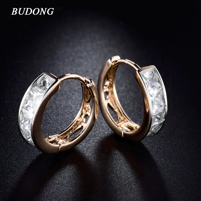 BUDONG Fashion Small Hoop Earing Silver Gold Color Earring font b Crystal b font Princess CZ