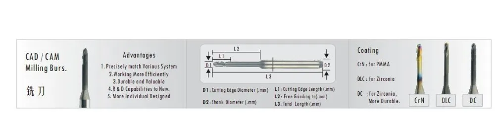5 шт./лот стоматологическое лабораторное циркония печатающая головка Roland 50 фрезерные буры из карбида машина 0,6/1,0/2,0 мм Длина 50 мм DLC Применение для циркониевый блок pmma