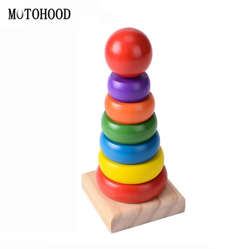 

MOTOHOOD Rainbow Tower Colorful Enlighten Wood Toys For Kids Models Building Blocks Round Wooden Toys Geometric Assembling Block