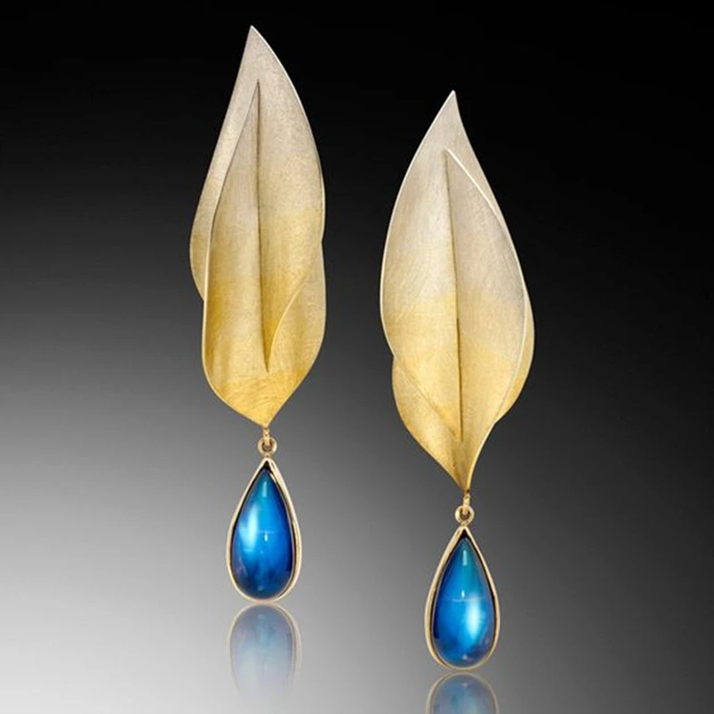 

Gold Leaf Blue Stone Dangle Earrings for Women Bohemian Jewelry Water Drop Earrings Ladies Oorbellen Pendientes Mujer Mod O4M090