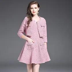 2018 Новый Осень Для женщин офисные мини-платье костюмы Мода Элегантный розовый три четверти Короткие платья и блейзер наборы для Для женщин
