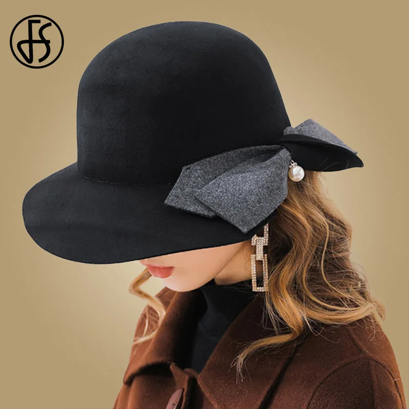 FS, черные, розовые, шерстяные фетровые женские фетровые шляпы с бантом, с жемчугом, с широкими полями, зимние шапки, винтажная шляпа-Клош, Женская кепка, церковный Дерби, круглая Кепка - Цвет: Black Wool Fedora