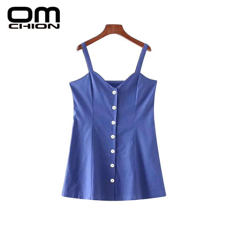 OMCHION 2018 Spring Summer Flax Women Dress Solid Button Casual Dresses Sleeveless Spaghetti Strap Beach LW134 | Женская одежда