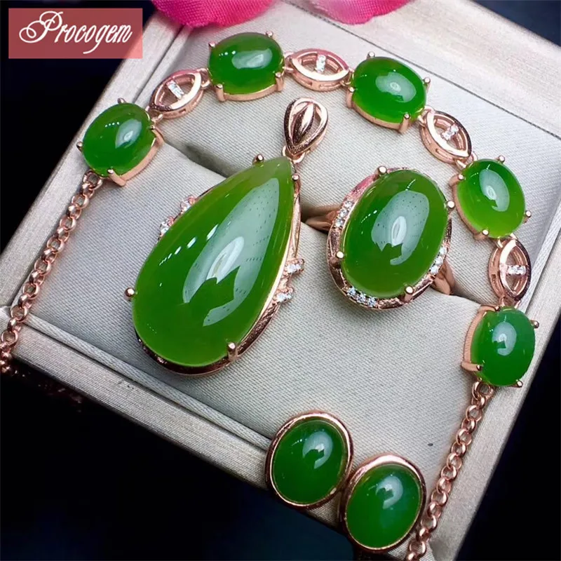 

Natural Green Jasper jewelry sets Necklace Ring Earrings Bracelet 925 Sterling silver Female Luxurious Jewelry set wholesale #65