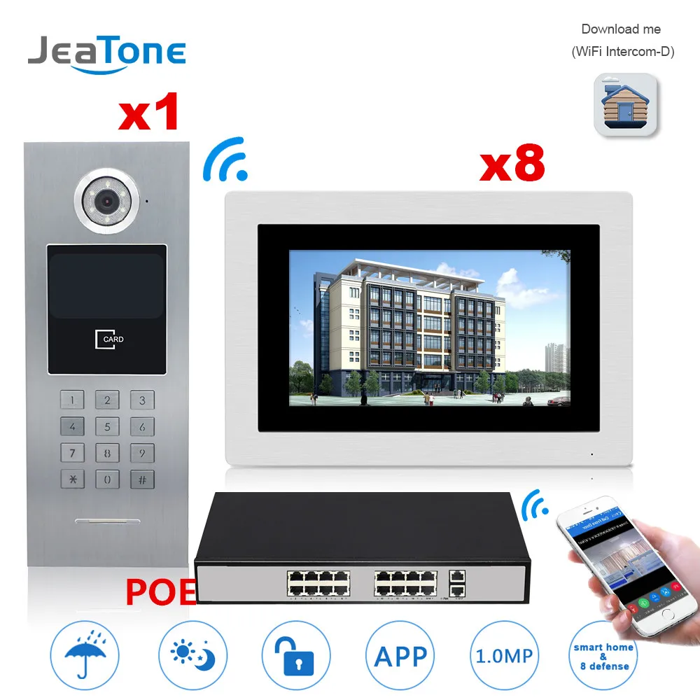 7'' Touch Screen WIFI IP Video Door Phone Intercom +POE Switch 8 Floors Building Access Control System Support Password/IC Card