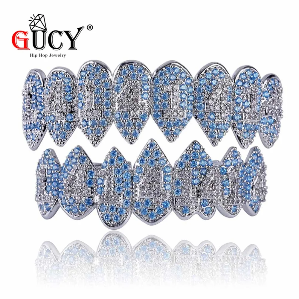 Skup GUCY Iced Out Hip Hop 1414 zęby grillz Bling aaa sześcienne cyrkon kolor srebrny osiem 8 górne i dolne zęby wampira grille zestaw na prezent
