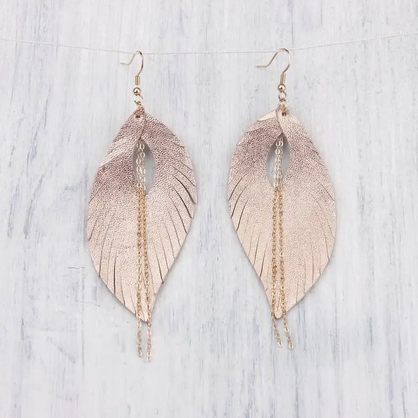Rose Gold ZWPON звено цепи кисточкой гипоаллергенный Тан кожа перо серьги для женщин бахромой Ювелирные серьги в форме листа - Окраска металла: Rose Gold