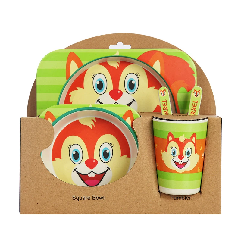 5 шт./компл. тарелка+ бант+ вилка+ чашка с рисунком животных, детская посуда, комплект для кормления из бамбукового волокна, милый детский контейнер, набор посуды - Цвет: Squirrel