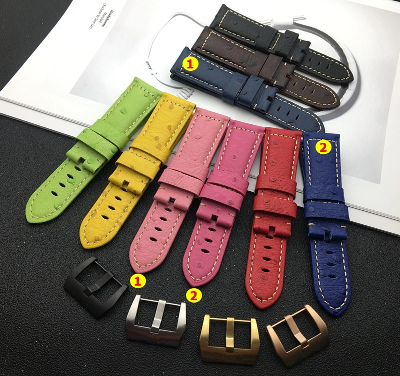 

Vintage Italian cow ostrich leather watch band 22mm 24mm blue green purple bracelet watchband For PAM441/Panerai belt free tool