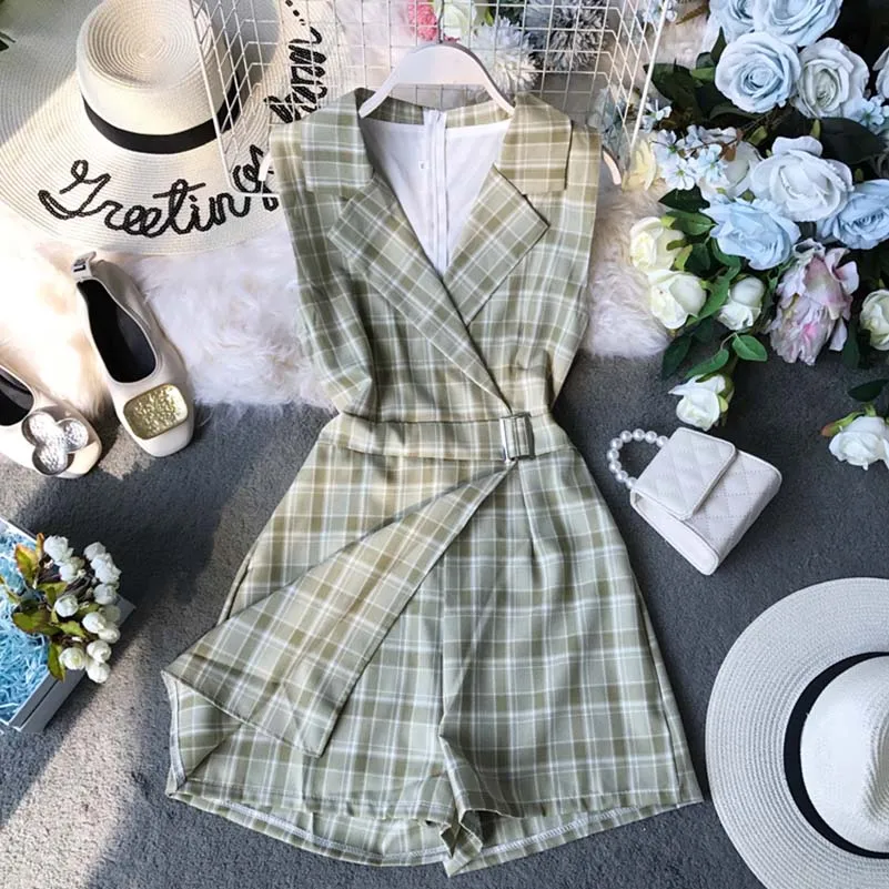 Summer Casual Plaid Romper Women Playsuit Chic Jumpsuits Sleeveless Bodysuit V-Neck Overalls For Women Combinaison Femme Summer Casual Plaid Romper Women Playsuit Chic Jumpsuits Sleeveless Bodysuit V-Neck Overalls For Women Combinaison Femme