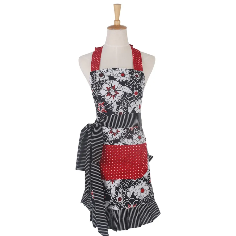 New Women Restaurant Home Kitchen apron Flower And Leaves Printed Pocket Lace Cooking Cotton Apron High Quality Pleated Apron