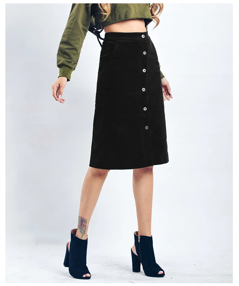 Autumn a-line skirt corduroy skirt in the long high waist slit skirt multi button pocket skirt (10)