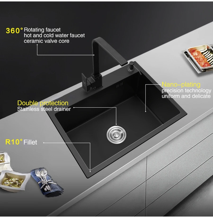 Кухонная раковина нанометр Технология Черный 304 нержавеющая сталь руководство одна кухня пластиковая корзина для раковины и сливной трубы