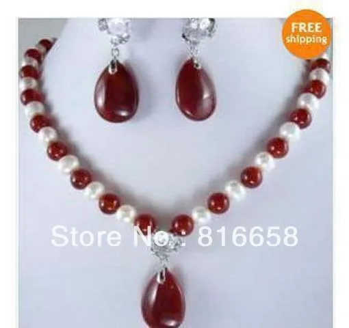 

New red jade and white pearl Jewelry pendant Necklace Earing Set