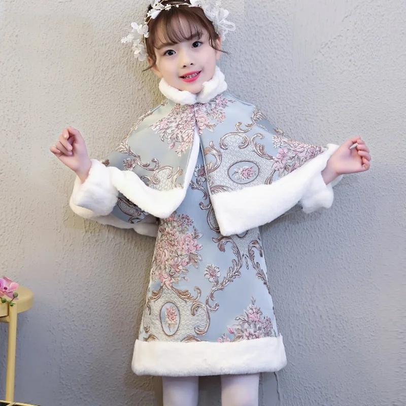 

Qipao Girl Winter Chinese New Year Costume Toddler Warm Long Sleeve Floral Chinese Dress For Girl Cheongsam Dress Kids AA4420