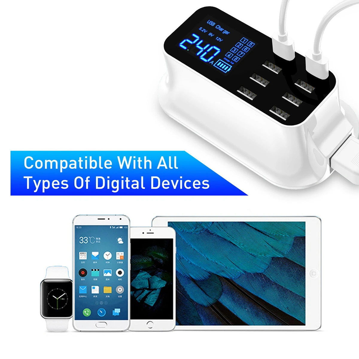 Цифровой Дисплей Зарядное устройство 8-Порты и разъёмы USB Зарядное устройство 40 W ЖК-дисплей Дисплей Мощность адаптер быстрой Зарядное