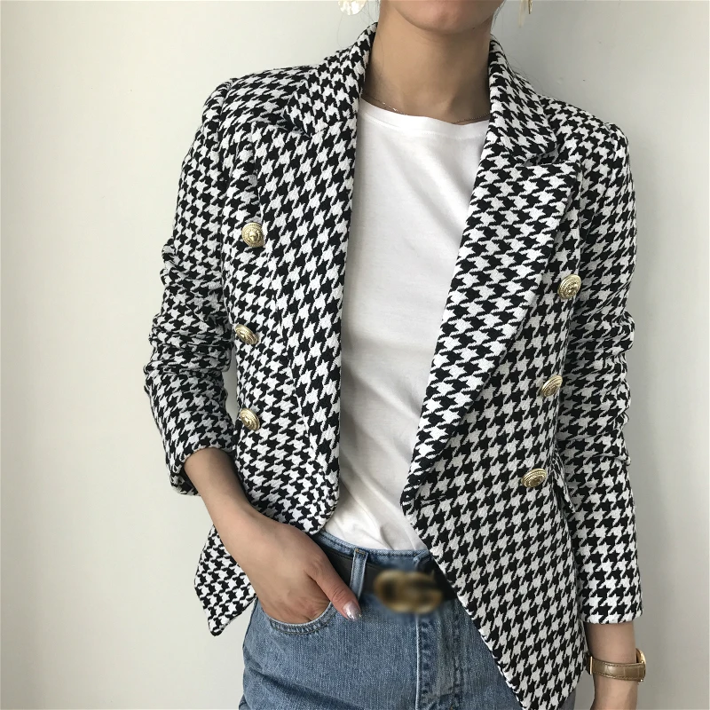 

Runway spring and autumn new heavy classic double-breasted houndstooth small suit jacket fashion commuter slim suit high quality