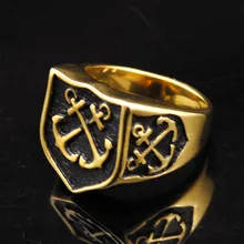 Dolaime Fashion Gold Color Navy Anchor Ring Men Women Jewelry Wholesale Vintage Stainless Steel Shield Ring,GR421