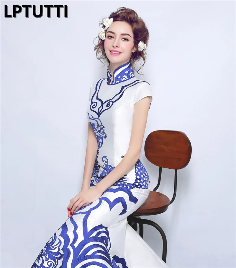 LPTUTTI печати cheongsam новый для женщин Элегантный Дата церемония Выходные туфли на выпускной бал платье Формальные Гала события роскошн