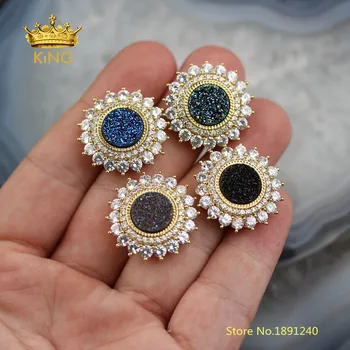 

5pcs Natural Druzy Agates Coin Shaped Holes Charms Findings,Plated Gold Copper Inlay Zircon CZ Pendants Necklace Bulk FZ21