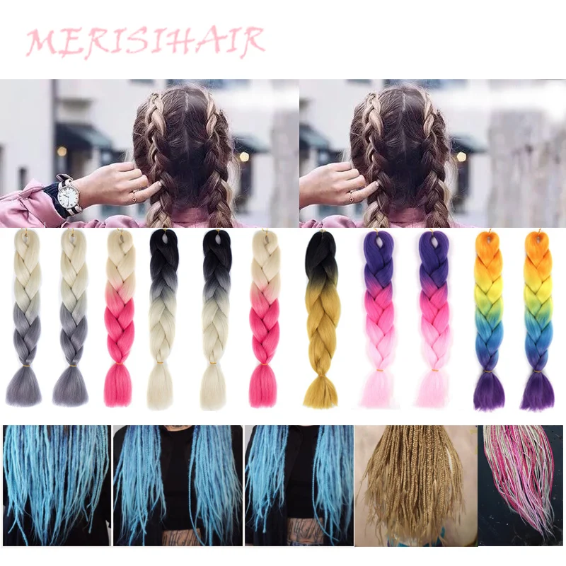 MERISIHAIR 24 inch Ombre Kanekalon Розовый Белый Красный синие волосы для заплетания химическое вязаный крючком волос Jumbo косы прически