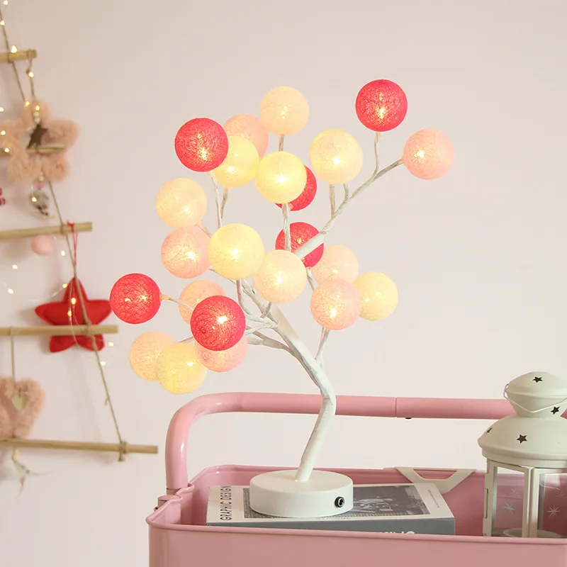 

LED color cotton ball tree night light battery or USB power desktop string light room Christmas decoration table lamp