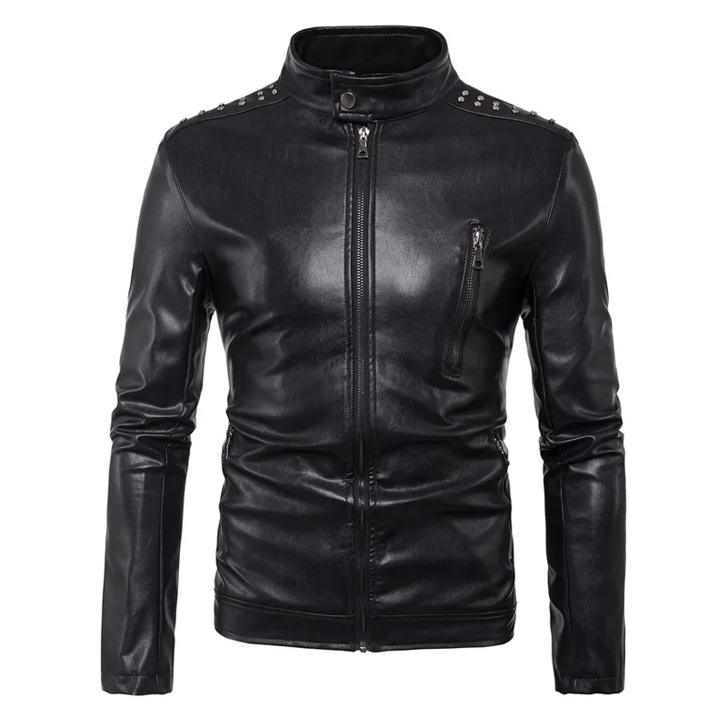 

New Vintage Mens PU Leather Motorcycle Jacket Coat Men Stand Collar Slim Fit Multi Rivets Punk PU Leather Moto Jacket Size M-5XL