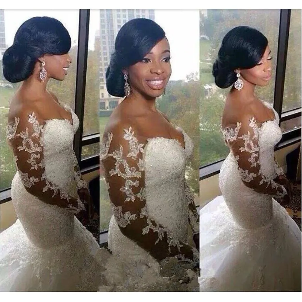 Glamorous Off-the-shoulder Long Sleeve Mermaid Wedding Dress With Appliques aa