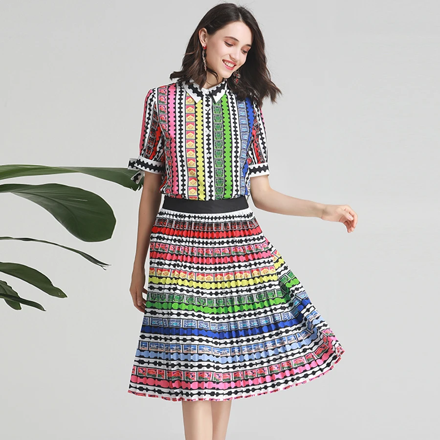 

Women Twinset 2019 Summer Fashion New Vintage Colorful Bow Printed Top + Rainbow Mid-Calf Suit 2 pieces Set Women