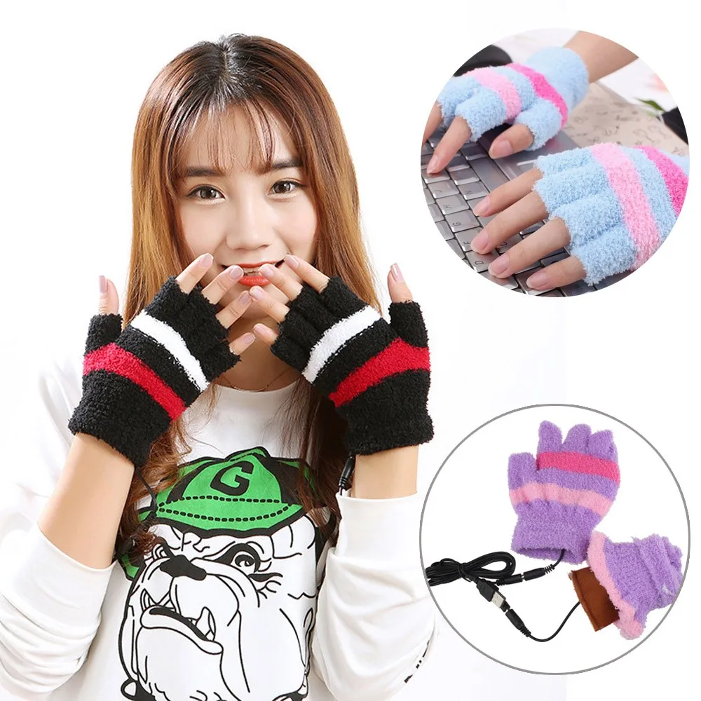 USB Heating Winter Hand Warm Gloves Heated Fingerless Warmer Mitten