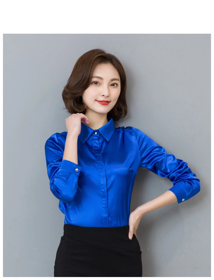 Camisa satén azul pavo real para mujer, blusa de seda de manga larga, uniforme trabajo para oficina, sencilla, Tops, S-3XL