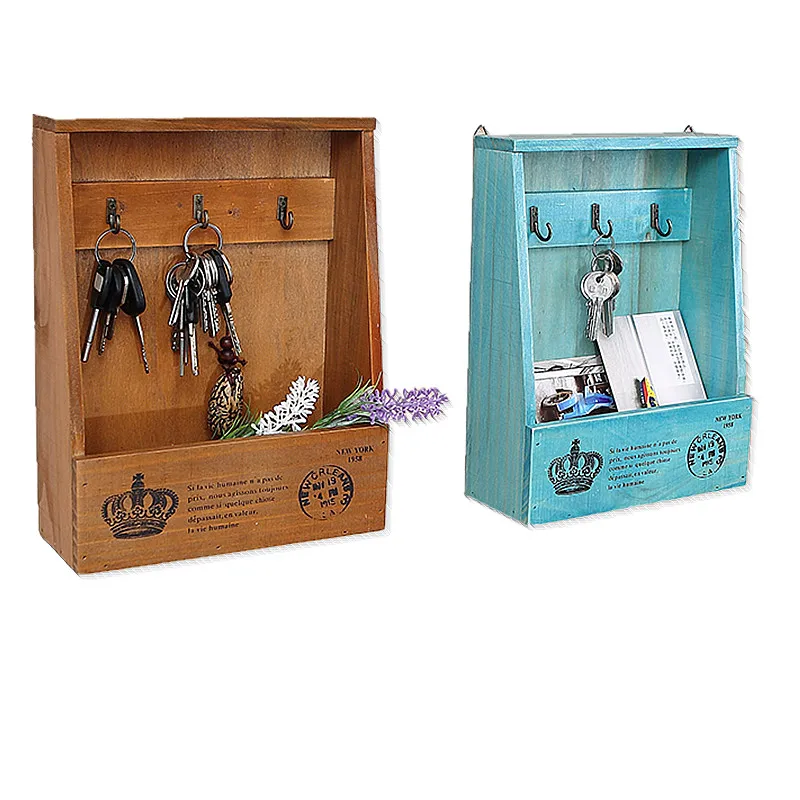 Retro wall hanging wooden storage box living room key storage hook