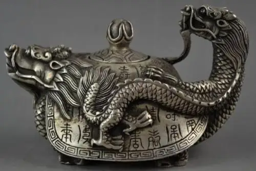 

Collectible China Old Handwork Miao Silver Carved Dragon Tortoise Tea Pot