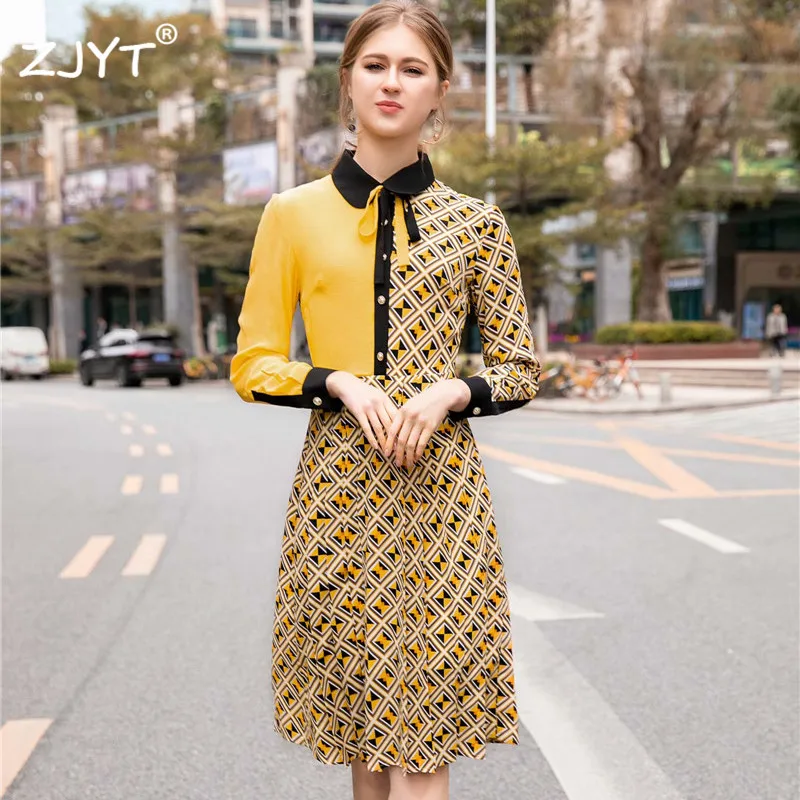 

Autumn New Fashion Women Dress 2019 Designer Long Sleeve Turn Down Collar Color Block Geometric Print Casual Dress robe femme