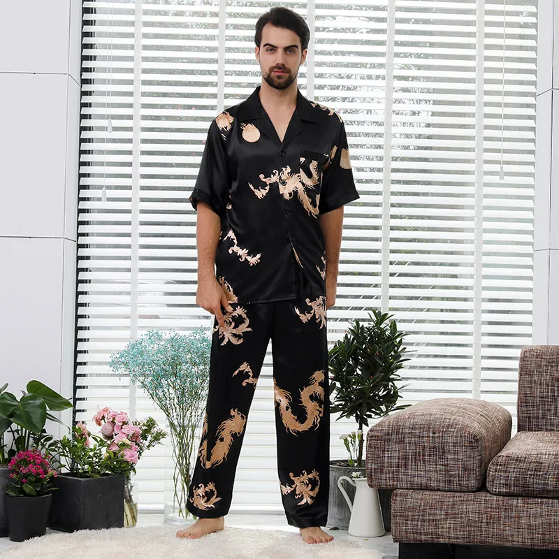 Мужская Летняя шелковая пижама с принтом китайского дракона, набор мужских пижам с коротким рукавом и брюками, тонкая домашняя пижама для пары